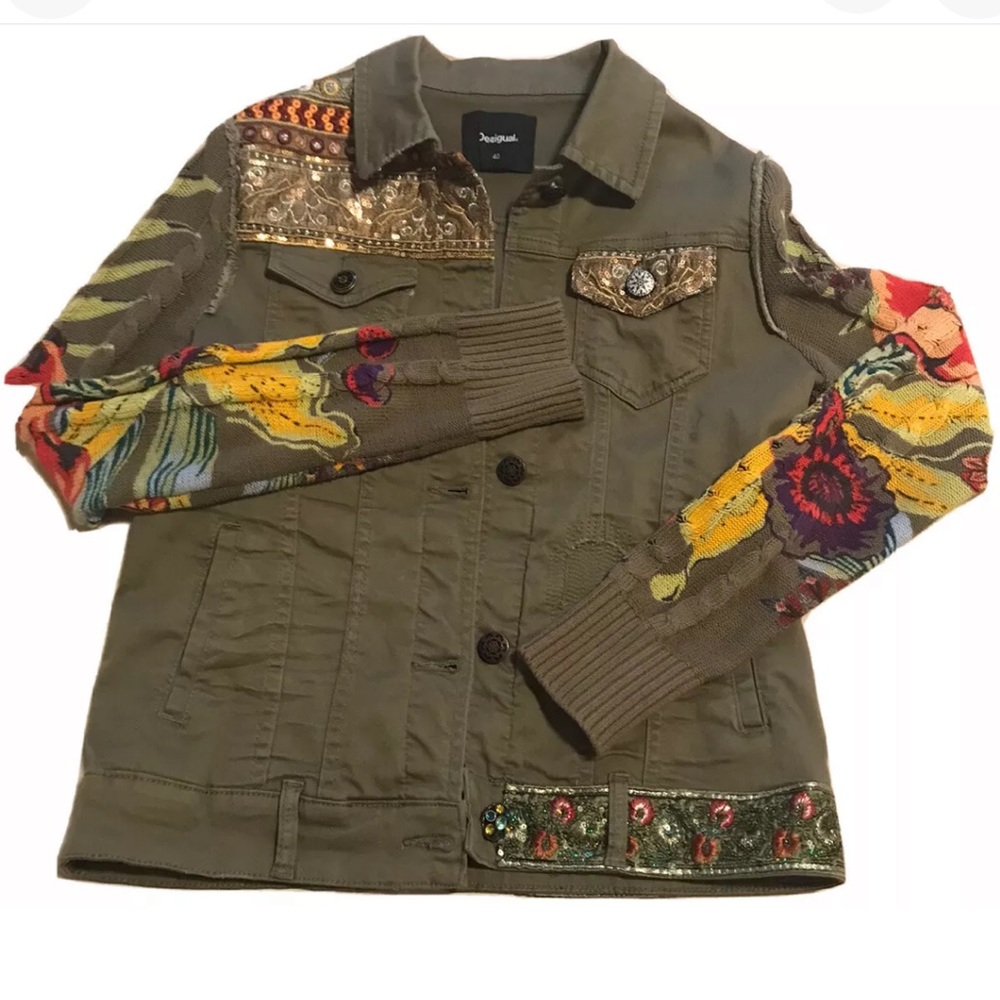Desigual Khaki Denim Jean Jacket Floral Knit Sequin Trim Size Small